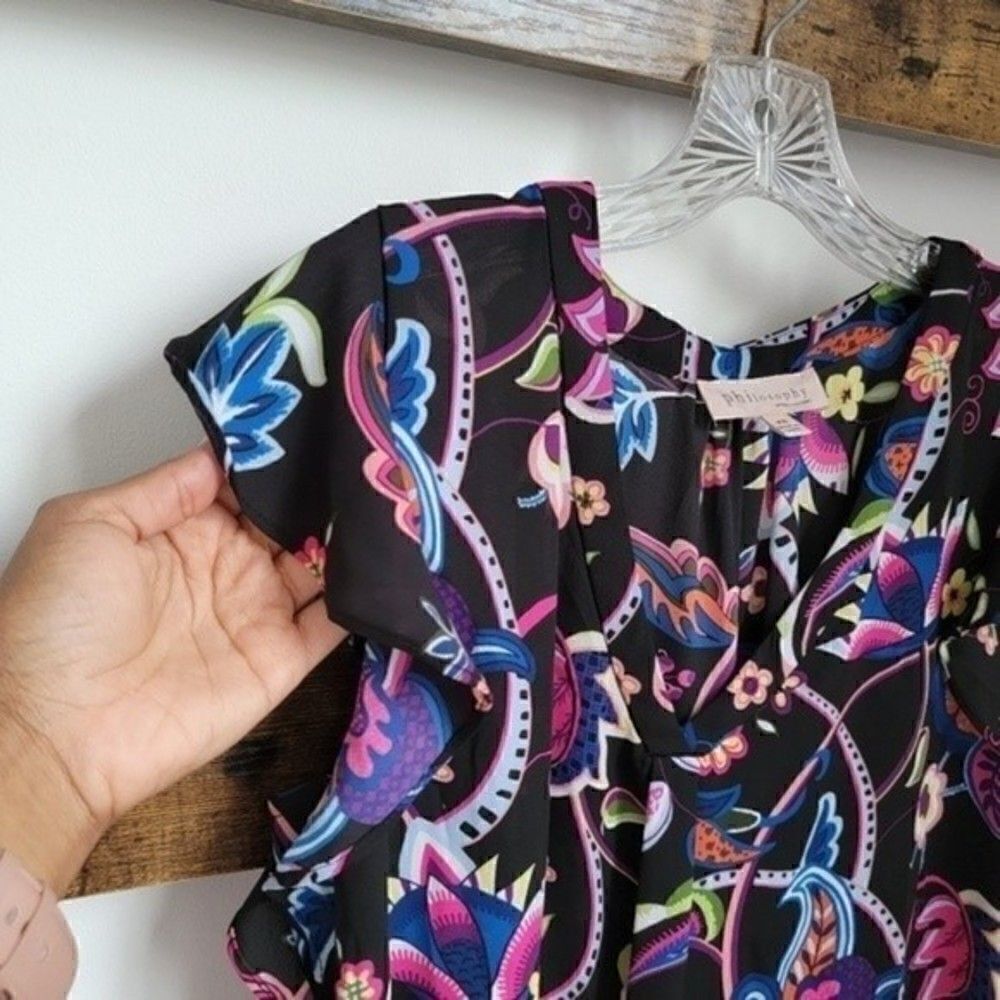 Philosophy Black Floral Print V-Neck Blouse Sz XS - Picture 2 of 10